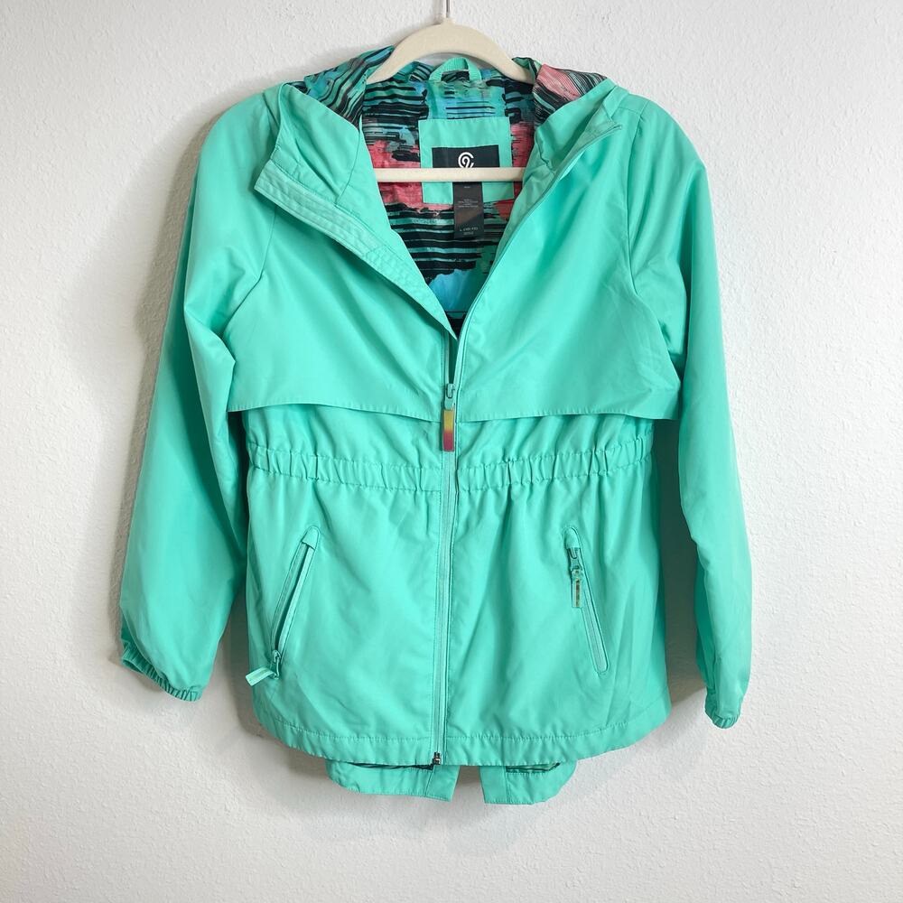 C9 Champion Girls Hooded Windbreaker Jacket Youth Large Teal Lightweight Zip Up
